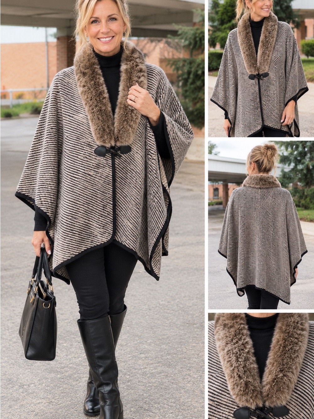 Faux-Fur Trim Poncho Shrug